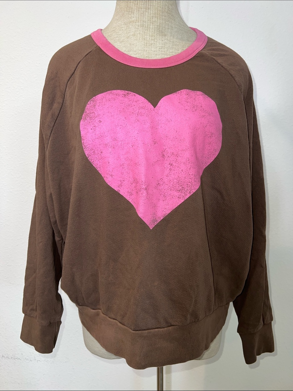 Anthropologie Letluv Brown Ringer Sweatshirt with Pink Heart Detail